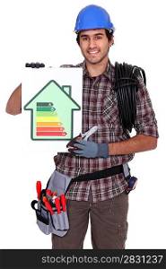 Electrician showing energy rating sign
