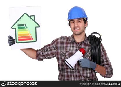 Electrician stood with energy efficiency poster and megaphone
