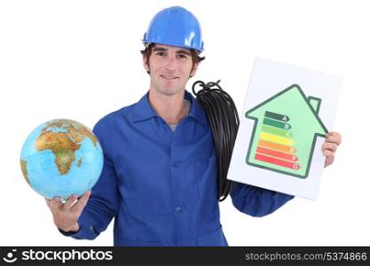 Electrician with a globe and an energy rating sign