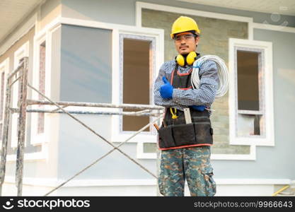 Electrician working at the construction site,Engineer,Construction concept.