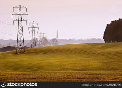 Electricity cable communication towers on sunrise agricultural landscape