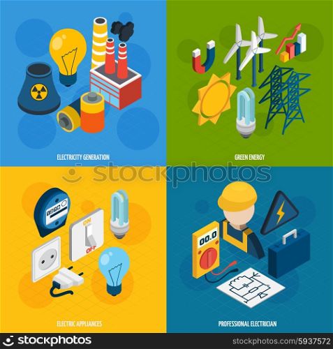 Electricity design concept set with electric appliances isometric icons isolated vector illustration. Electricity Isometric Set