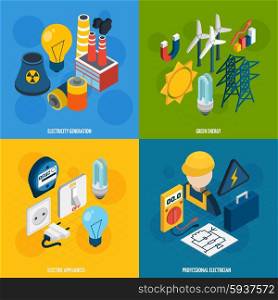 Electricity design concept set with electric appliances isometric icons isolated vector illustration. Electricity Isometric Set