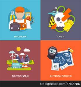 Electricity design concept set with electrician safety energy and circuitry flat icons isolated vector illustration