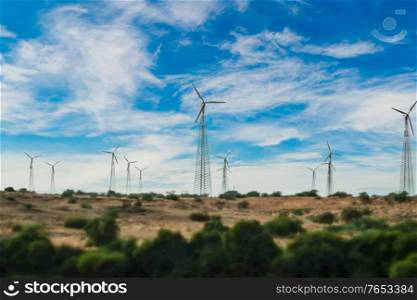 Electricity generating windmills in Rajasthan, Indian. Tilt shift lens.