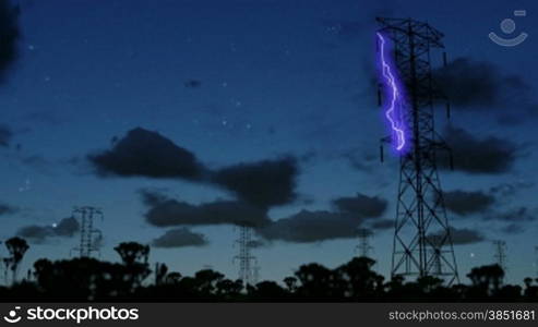 Electricity pillars at night, timelapse clouds and electric bolts