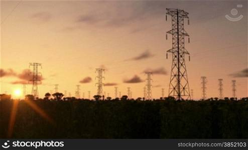Electricity pillars, timelapse sunrise, night to day