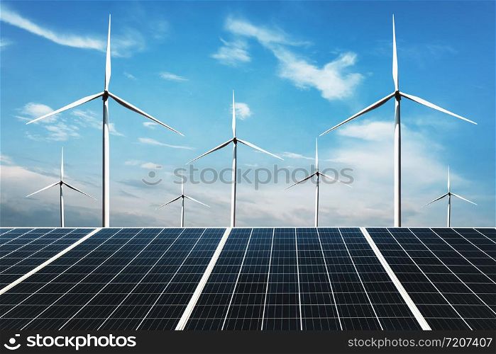 electricity power in nature. clean energy concept. solar panel with wind turbine and blue sky background