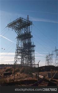 Electricity pylons over a dam, Glen Canyon Dam, Lake Powell, Page, Arizona-Utah, USA