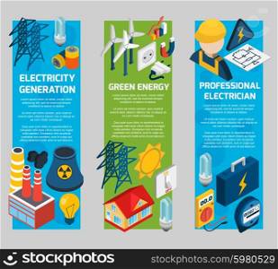 Electricity vertical banner set with isometric electrician elements isolated vector illustration. Electricity Isometric Banner Set