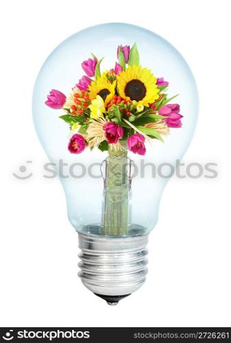 Electrobulb with a bunch of flowers on a white background...