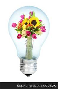 Electrobulb with a bunch of flowers on a white background...