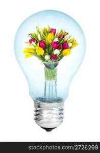 Electrobulb with a bunch of flowers tulips on a white background...