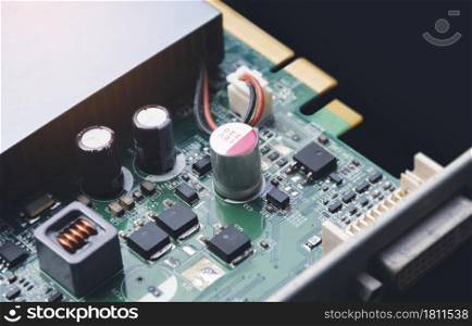 Electrolytic capacitor on electronic circuit board and component of computer video graphic card