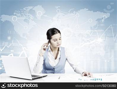 Electronic business and networking. Businesswoman at table working on laptop presenting social connection concept