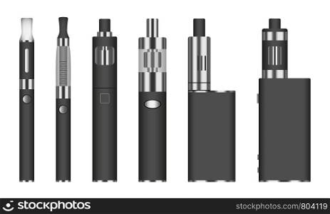 Electronic cigarette icon set. Realistic set of electronic cigarette vector icons for web design isolated on white background. Electronic cigarette icon set, realistic style