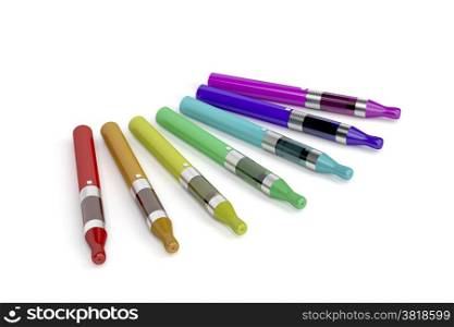 Electronic cigarettes with different colors and flavors on white background