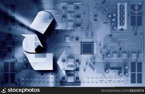 Electronic circuit board close up. Circuit board blue background with recycle sign
