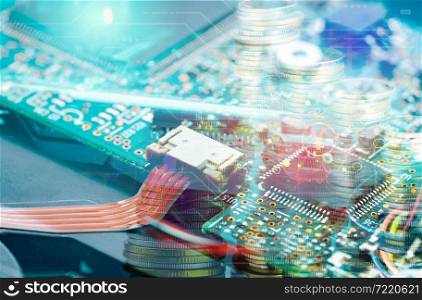 Electronic circuit board on background of Yuan currency sign, coin stack, and China map. China&rsquo;s digital currency. Mainboard of computer. Electronic industry in China. Chinese decentralized finance.
