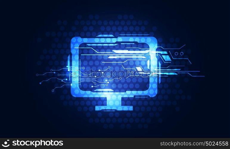 Electronic device icon. Glowing computer blue icon on dark digital background