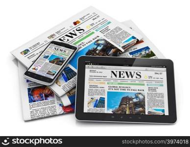 Electronic internet web and paper media concept: tablet PC computer, modern black glossy touchscreen smartphone and heap of business office newspapers with financial news isolated on white background with reflection effect