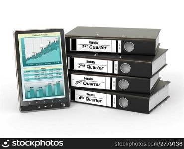Electronic report. Binders and tablet pc with graph. 3d