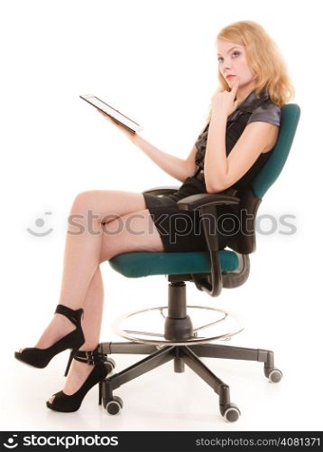 Electronic technology internet modern lifestyle. Elegant business woman student girl with tablet pc computer touchpad isolated on white