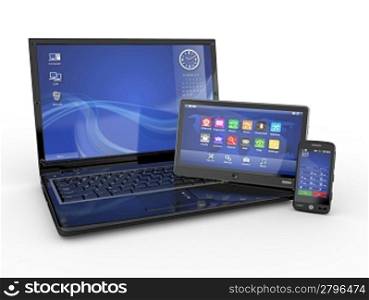 Electronics. Laptop, mobile phone and tablet pc. 3d