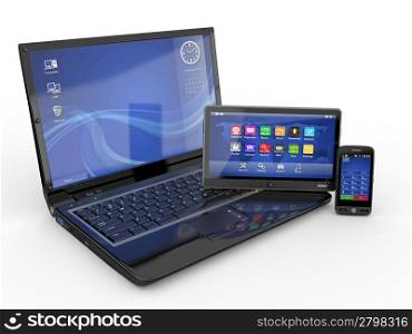 Electronics. Laptop, mobile phone and tablet pc. 3d