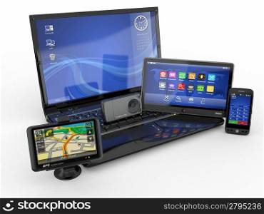 Electronics. Laptop, mobile phone, tablet pc and gps. 3d