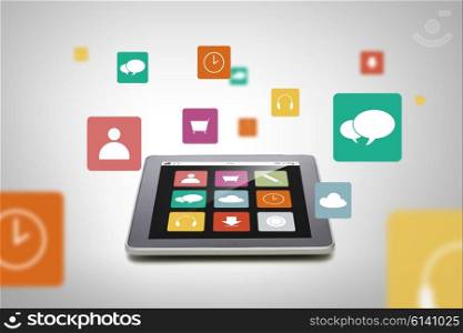electronics, technology, advertisement and modern gadget concept - black tablet pc computer with menu icons on screen over gray background