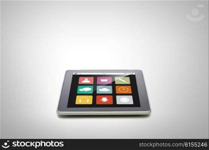 electronics, technology, advertisement and modern gadget concept - black tablet pc computer with menu icons on screen over gray background