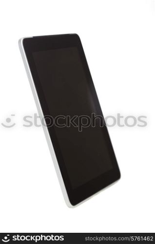 electronics, technology, advertisement and modern gadget concept - black tablet pc computer with blank screen