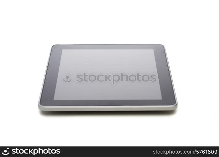 electronics, technology, advertisement and modern gadget concept - black tablet pc computer with blank screen