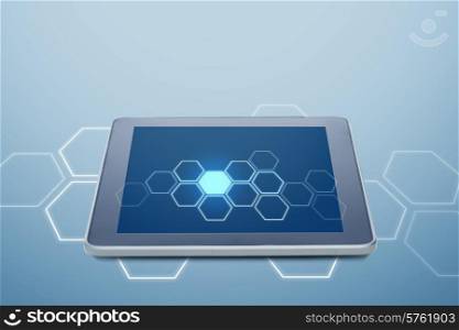 electronics, technology, network and modern gadget concept - tablet pc computer with cell pattern on screen over blue background