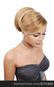 Elegance blond young woman with modern gloss hairstyle