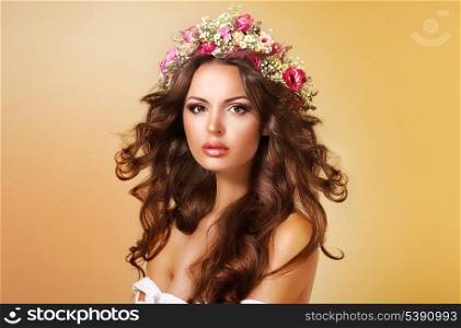 Elegance. Classy Adorable Lady with Flowers and Flowing Hair