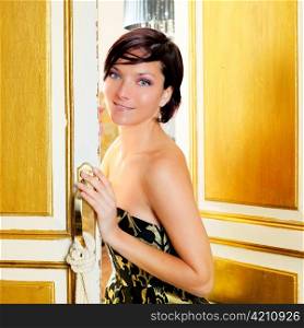 elegance fashion woman in hotel room door sensual invitation