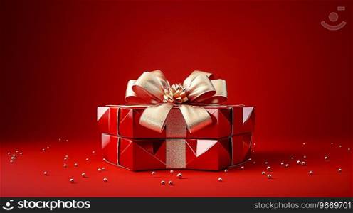 Elegant 3D Render of red Gift Box with Gold Shiny Ribbons, copy space Ai generated