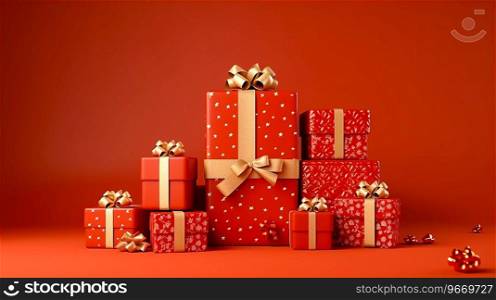 Elegant 3D Render of red Gift Box with Gold Shiny Ribbons, copy space Ai generated