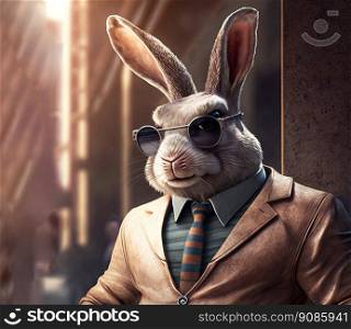 Elegant adult rabbit wearing a formal jacket and sunglasses in the city. Generative AI.