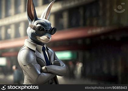 Elegant adult rabbit wearing a formal jacket and sunglasses in the city. Generative AI.