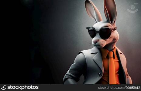 Elegant adult rabbit wearing a formal jacket and sunglasses on dark color background. Generative AI.