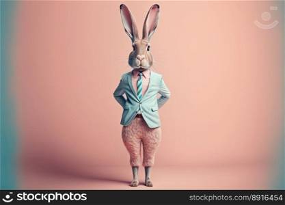 Elegant adult rabbit wearing a formal suit on a color background. Generative AI.