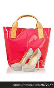 Elegant bag and shoes on white