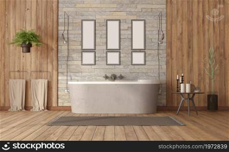 Elegant bathroom with bathtub against stone wall,side table and wooden panel - 3d rendering. Elegant bathroom with bathtub against stone wall