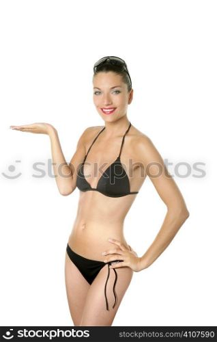 Elegant beautiful woman with black bikini posing at studio