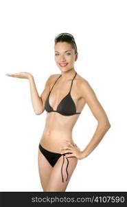 Elegant beautiful woman with black bikini posing at studio