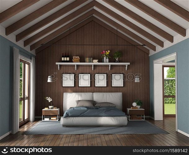 Elegant bedroom with wooden wall behind a modern double bed and nightstand - 3d rendering. Elegant master bedroom with wooden wall behind a double bed