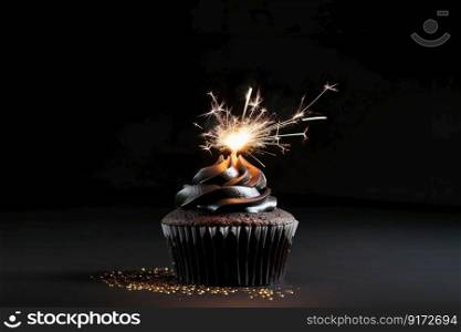 Elegant black cupcake with glitter, sparkler and copy space on black background. Happy Birthday dessert. Empty space for text. Postcard, greeting card design. Generative AI. Elegant black cupcake with glitter, sparkler and copy space on black background. Happy Birthday dessert. Empty space for text. Postcard, greeting card design. Generative AI.